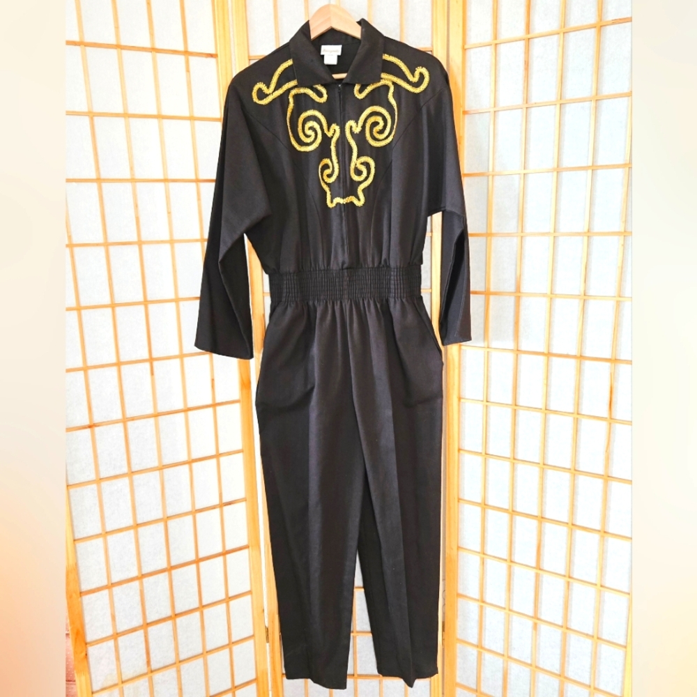 Vuntage 80s Brown and Gold Women's Jumpsuit (L)
